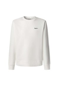 Sudadera de cuello redondo blanca, hecha de una mezcla de algodón; presenta un logo bordado en negro en el pecho; puños y dobladillo acanalados.