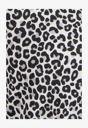Leopardenmusterstoff mit schwarzen Flecken in verschiedenen Größen auf einem weißen Hintergrund, mit einer glatten, strukturierten Oberfläche.