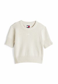 Suéter corto de manga corta en color crema con textura de canalé, cuello redondo y sutil logotipo de Tommy Jeans. Presenta un dobladillo recto y mangas anchas.