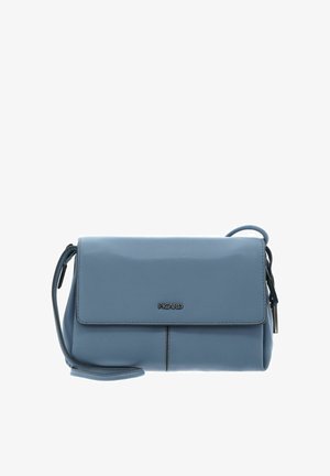Sac bandoulière en cuir bleu avec fermeture à rabat et petite plaque métallique avec le logo "Picard" au centre devant.