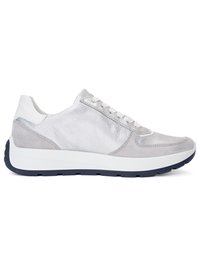 Low-top silver and gray sneaker with textured leather, suede accents, white midsole, black tread, and white laces, viewed from the side.