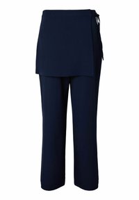 Pantalon bleu marine avec une couche superposée attachée à la taille, dotée d'une fermeture à nouer. Texture lisse et coupe droite.