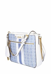 Borsa Liu Jo blu e bianca con tessuto a motivo, dettagli in oro come cerniera, fibbia e catena, e tracolla bianca regolabile.