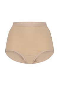Beige hooggeplaatste onderbroek met een gladde textuur, elastische tailleband en gebogen beenopeningen. Eenvoudig ontwerp zonder extra patronen.