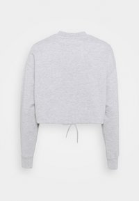 Sudadera gris recortada hecha de tejido suave, con mangas largas, cuello redondo y cordón en el dobladillo. Diseño simple, sin estampados.