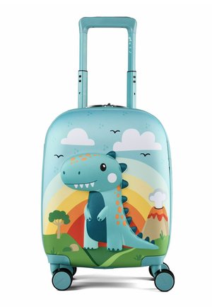 Valigia blu per bambini con dinosauro dei cartoni animati sorridente, arcobaleno, vulcano, alberi, nuvole e uccelli, dotata di quattro ruote e manico telescopico.