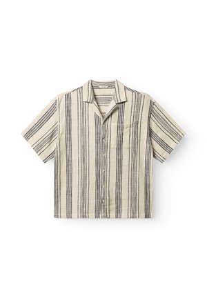 Kurzärmeliges Hemd aus leichtem Stoff, mit schmalen vertikalen Streifen in Beige und Marineblau. Knopfverschluss und Brusttasche als Detail.