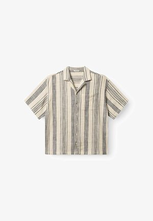 Kurzärmeliges Hemd aus leichtem Stoff, mit schmalen vertikalen Streifen in Beige und Marineblau. Knopfverschluss und Brusttasche als Detail.