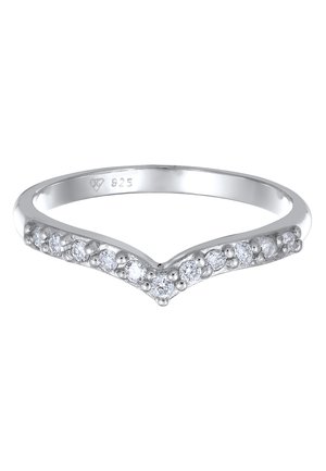 Silberring in V-Form, verziert mit runden weißen Steinen entlang des Rings. Mit "925" für die Qualität von Sterlingsilber gekennzeichnet.