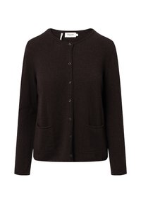 Brauner Cardigan aus weichem Stoff. Hat einen runden Halsausschnitt, eine Vorderknopf-Öffnung und zwei Fronttaschen. Lange Ärmel mit lässiger Passform.