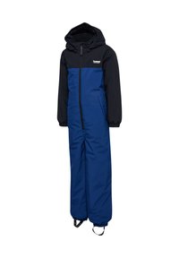 Mono aislante azul y negro con cremallera frontal, capucha y puños elásticos. Cuenta con correas en los tobillos para un ajuste seguro.