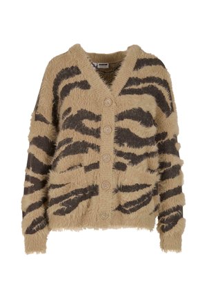Cárdigan de felpa beige con rayas de tigre marrón oscuro, escote en V y botones en la parte delantera, que cuenta con dos bolsillos delanteros y mangas sueltas.