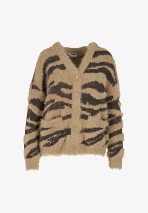 Purus bežinis kardiganas su tamsiai rudu tigro raštu, V formos iškirpte, mygtukais priekyje, dviem priekinėmis kišenėmis ir laisvomis rankovėmis.