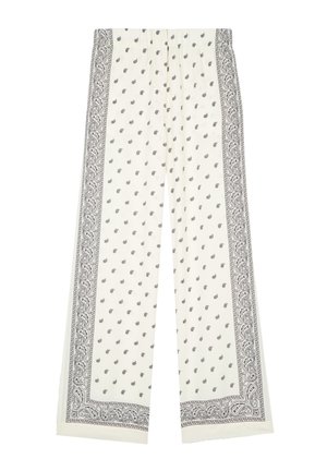 Pantalones blancos de pierna ancha con patrón de cachemira negro y diseño de borde decorativo a lo largo de los costados y el dobladillo.