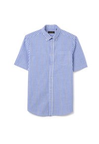 Camisa de manga corta en tejido a rayas azul claro y blanco, con cierre frontal de botones y un pequeño bolsillo en el pecho. Textura suave, ajuste casual.