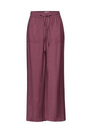 Weit geschnittene mauvefarbene Hose mit vorderen aufgesetzten Taschen und einem verstellbaren Tunnelzugbund aus strukturiertem Stoff.