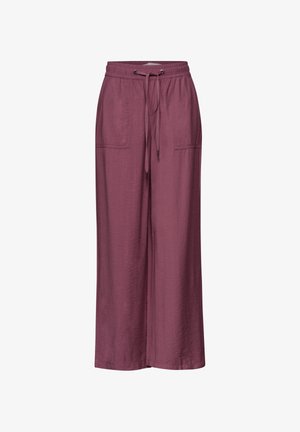 Weit geschnittene mauvefarbene Hose mit vorderen aufgesetzten Taschen und einem verstellbaren Tunnelzugbund aus strukturiertem Stoff.