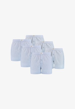 Blaue und weiße gestreifte Boxershorts im Fünferpack. Mit Knopfverschlüssen und einem elastischen Bund. Leichter Baumwollstoff.