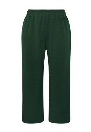 Donkergroene, ruime broek met een elastische tailleband. Gemaakt van gladde stof zonder zichtbare naden of patronen. Casual ontwerp, enkelhoogte.