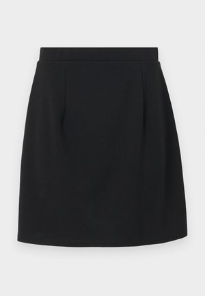 Black mini skirt with a fitted waist, featuring a smooth fabric texture and simple, clean lines. No visible embellishments or patterns.