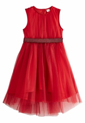 Rotes ärmelloses Kleid mit tailliertem Oberteil, mehrlagigem Tüllrock und schimmerndem Taillenband. Strukturierter Stoff mit weichem, fließendem Aussehen.