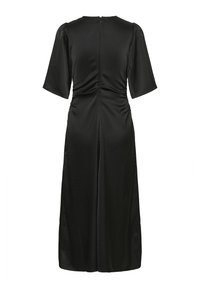 Mustmustäiline kleit lühikeste puffvarrukatega, istuv bodi ja hõlpsasti kortsutatud seljaosa disain. Omab diskreetset lukku ja sileda tekstuuri.