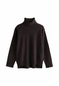 Dunkelbrauner, übergroßer Rollkragenpullover. Gerippter Halsausschnitt und Saum mit weicher Textur. Niedrig angesetzte Schultern und lockere Passform. Keine Muster oder Akzente.