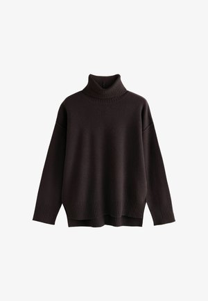 Tumblr ruskea, ylipitkä kauluspaita. Rypistyneet kaula-aukko ja helma pehmeällä pinnalla. Pudotetut olkapäät ja rento leikkaus. Ei kuvioita tai koristeita.