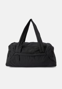 Czarna torba typu duffel wykonana z teksturowanego nylonu, z podwójnymi uchwytami u góry, zamykaną główną komorą oraz bocznymi kieszeniami do przechowywania.