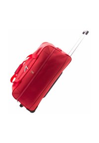 Sac de voyage à roulettes rouge en tissu résistant, avec poignées doubles et poignée trolley en aluminium rétractable. Roues lisses pour un transport facile.
