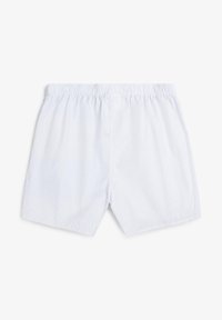 Boxers de algodón azul claro con finas rayas verticales blancas, cintura elástica y diseño holgado. Sin adornos adicionales.