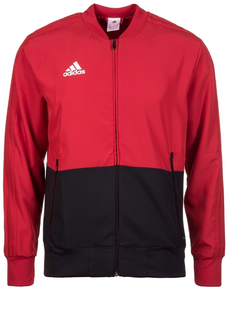 Rot und schwarze Zip-Jacke mit hohem Kragen, langen Ärmeln und weißem Adidas-Logo auf der linken Brust. Glattes Material mit gerippten Bündchen.
