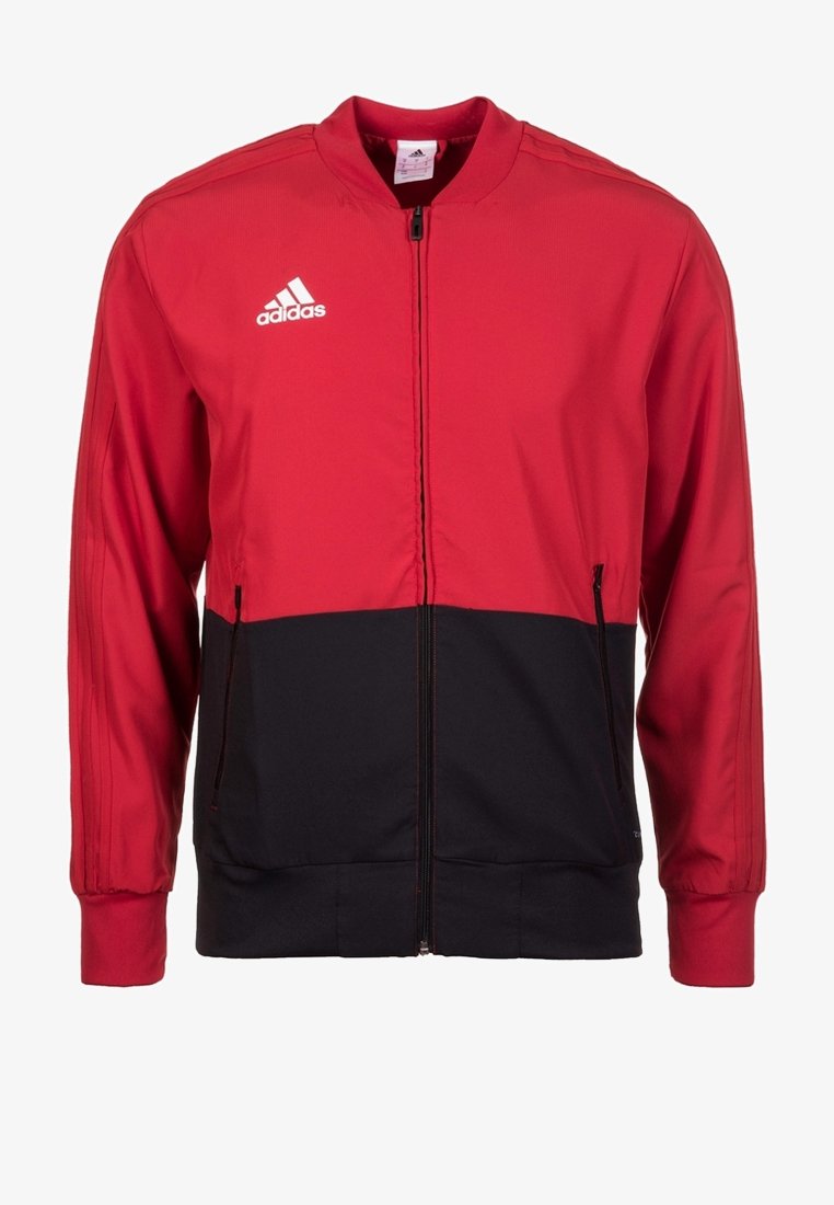 Rot und schwarze Zip-Jacke mit hohem Kragen, langen Ärmeln und weißem Adidas-Logo auf der linken Brust. Glattes Material mit gerippten Bündchen.