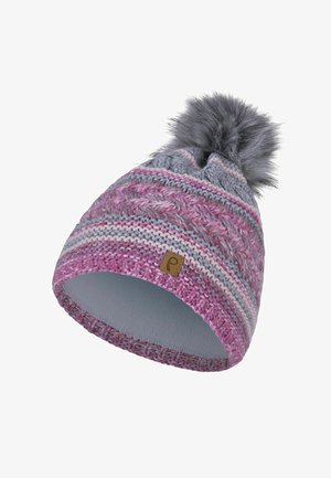 Faera, BOMMELMÜTZE GESTREIFT MIT KUNSTFELL-BOMMEL UND FLEECE INNENFUTTER - Beanie - rosa