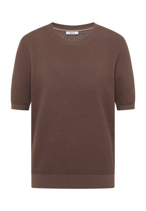 Pull tricoté à manches courtes marron avec motif texturé, col rond, et poignets et ourlet côtelés.