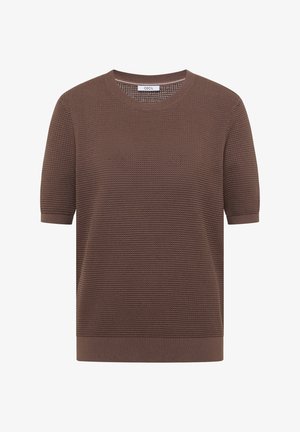 Pull tricoté à manches courtes marron avec motif texturé, col rond, et poignets et ourlet côtelés.