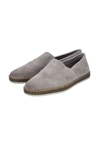 Gray suede slip-on shoes featuring perforated design, textured sides, and woven edging on a white rubber sole.