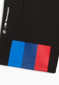 Shorts noirs en coton arborant le logo BMW Motorsport en blanc, avec un accent tricolore horizontal bleu, bleu clair et rouge à l'ourlet.