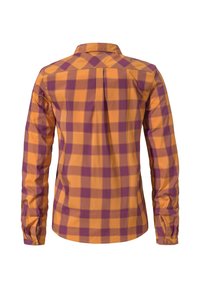 Langarmhemd im orange-lila karrierten Muster, mit einem Button-Down-Kragen und einer Falte im Rücken für zusätzlichen Stil.