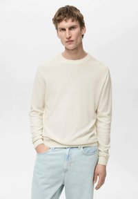 Pulover tricotat de culoare crem, cu guler rotund și mâneci lungi, asortat cu blugi din denim bleu deschis. O textură subtilă este vizibilă.