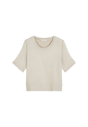 Maglietta a maniche corte beige in knit con scollatura rotonda e polsini e orlo a costine, mostrata su uno sfondo bianco.