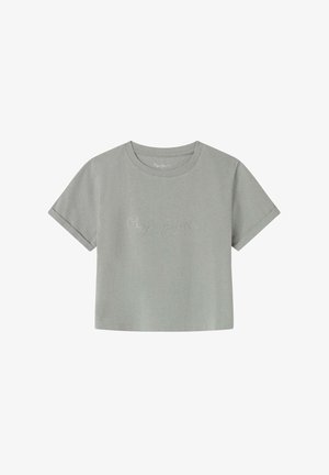 Graues, kurz geschnittenes T-Shirt aus Baumwolle. Hat kurze Ärmel und einen runden Halsausschnitt mit glitzerndem Textdetail auf der Vorderseite.