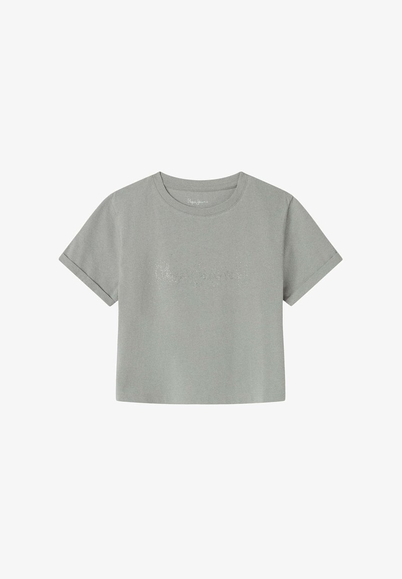 Šedé zkrácené tílko vyrobené z bavlny. Obsahuje krátké rukávy a kulatý výstřih se třpytivým textovým detailem na přední straně.