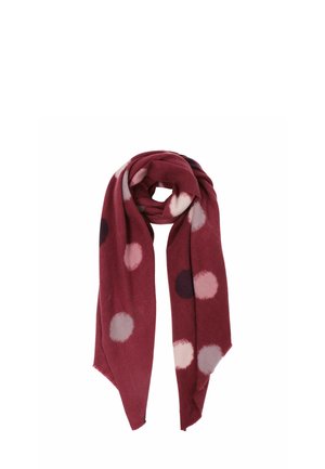 Maroon scarf made of soft fabric, featuring large circular polka dots in pink and cream, elegantly draped.