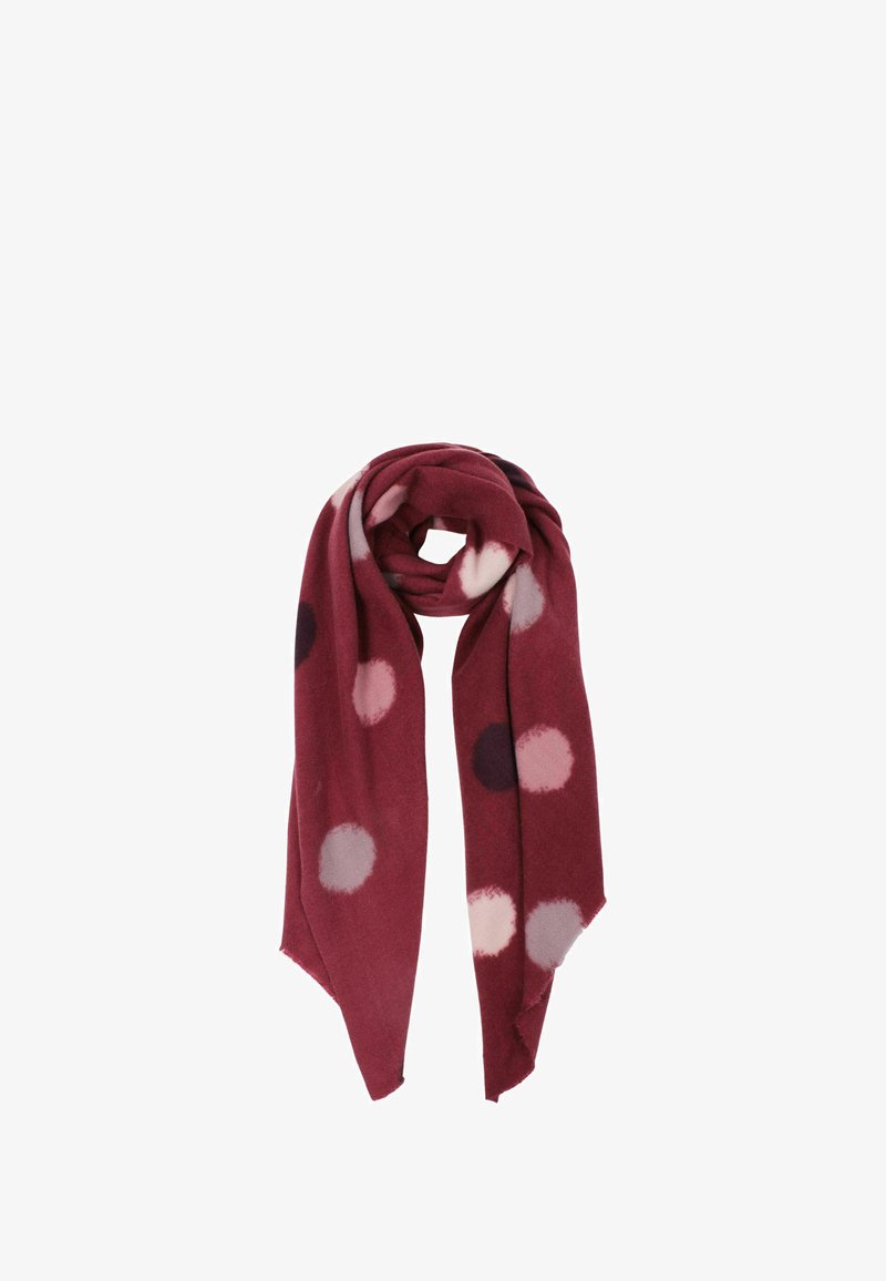 Maroon scarf made of soft fabric, featuring large circular polka dots in pink and cream, elegantly draped.