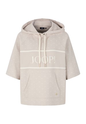 Hellbeige übergroßer Hoodie mit einer Vordertasche, weißen Details, "JOOP!"-Logo, Kapuze mit Kordelzug und subtilen Strukturmustern.