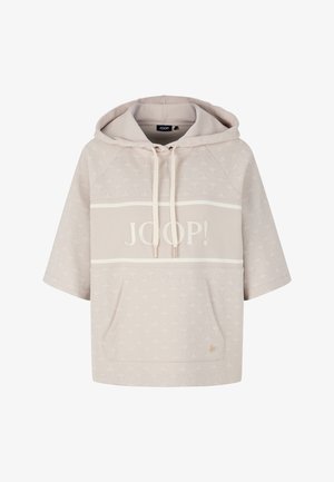 Hellbeige übergroßer Hoodie mit einer Vordertasche, weißen Details, "JOOP!"-Logo, Kapuze mit Kordelzug und subtilen Strukturmustern.