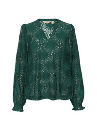 Zelená krajková blůza s výstřihem do V, zdobená květinovými vzory a dlouhými, nabíranými rukávy. Textura je poloprůhledná s jemným povrchem.