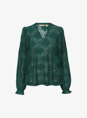 Blusa verde in pizzo con scollatura a V, caratterizzata da motivi floreali e maniche lunghe arricciate. Tessuto semi-trasparente con una finitura delicata.