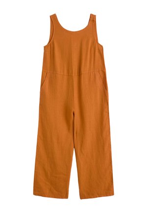Bezrękawnik w kolorze rdzawego pomarańczu z szerokimi nogawkami, okrągłym dekoltem, dwoma bocznymi kieszeniami i guzikami na lewym ramiączku.